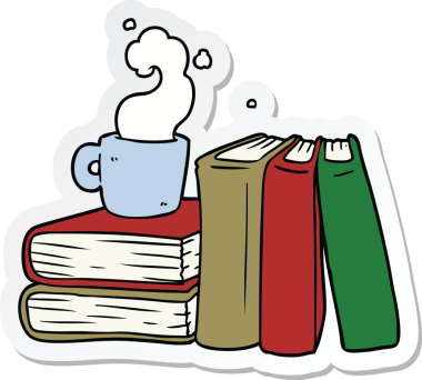 Çizgi film kahve fincanı çıkartması ve bir insan tarafından çizilmiş çalışma kitapları.