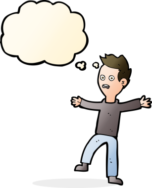 Bir insan tarafından çizilmiş düşünce baloncuğu ile ürkmüş bir çocuk.