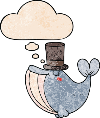 Düşünce baloncuklu silindir şapkalı çizgi film balinası insan tarafından çizilmiş.