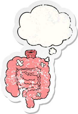 Çizgi film, insan tarafından çizilmiş yıpranmış bir çıkartma gibi düşünce baloncuğu ile bağırsakları onardı.