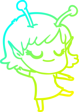 Bir insan tarafından çizilmiş gülümseyen uzaylı kız çizgi filmi.