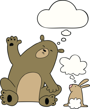 Bir insan tarafından çizilmiş düşünce kabarcığı olan çizgi film ayısı ve tavşan arkadaşları.