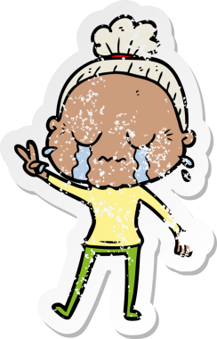 Bir insan tarafından çizilmiş, ağlayan yaşlı bir kadın karikatürü.