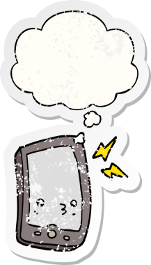 Düşünce baloncuklu çizgi film cep telefonu bir insan tarafından çizilmiş yıpranmış bir çıkartma.