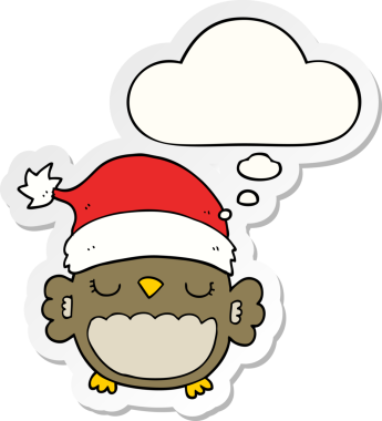 Bir insan tarafından çizilmiş bir çıkartma olarak düşünce baloncuğu olan şirin noel baykuşu.