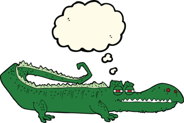 Bir insan tarafından çizilmiş düşünce baloncuklu timsah çizgi filmi.