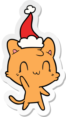 Bir insan tarafından çizilmiş Noel Baba şapkası takan mutlu bir kedinin el yazısı.