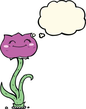 Bir insan tarafından çizilmiş düşünce baloncuklu karikatür çiçeği