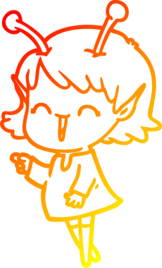 Bir insan tarafından çizilen gülen uzaylı bir kızın sıcak çizgi çizimi.