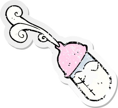 Bir insan tarafından çizilmiş karikatür bebek sütü şişesinin gerilimli yapıştırması.