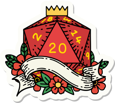 Bir insan tarafından çizilmiş 20 D20 zarının çıkartması.