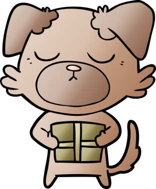 Bir insan tarafından çizilmiş Noel hediyesi olan sevimli bir çizgi film köpeği.