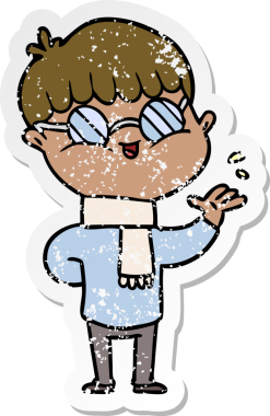 Bir insan tarafından çizilmiş gözlük takan çizgi film karakterinin sıkıntılı çıkartması.