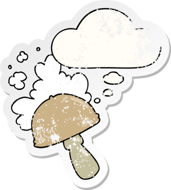 Düşünce baloncuklu spor bulutlu karikatür mantarı insan tarafından çizilmiş yıpranmış bir çıkartma.