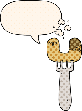 Çizgi roman tarzında bir insan tarafından çizilmiş, çatallı sosis ve konuşma balonu.