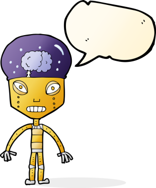 bir insan tarafından çizilmiş garip konuşma balonu olan çizgi film robotu