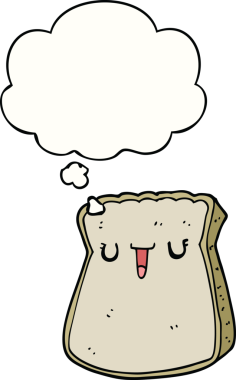 Bir insan tarafından çizilmiş düşünce balonlu bir ekmek dilimi.