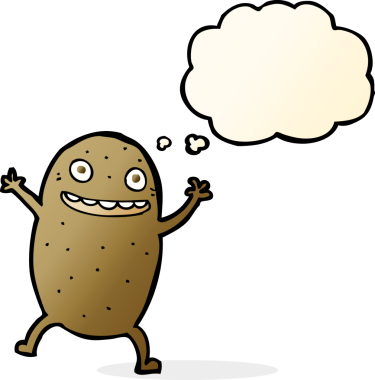 Bir insan tarafından çizilmiş düşünce baloncuklu mutlu patates çizgi filmi.