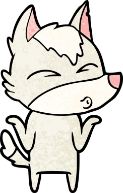 Bir insan tarafından çizilmiş omuzlarını silkeleyen kurt çizgi filmi.