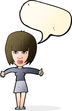 Bir insan tarafından çizilmiş konuşma baloncuğuyla rahatsız bir kadın.