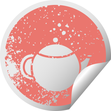 Bir insan tarafından çizilmiş kırmızı çay demliğinin sıkıntılı, dairesel soyma etiketi.