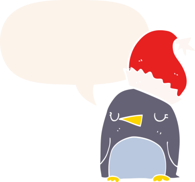 Bir insan tarafından çizilmiş retro tarzı konuşma baloncuğu olan sevimli bir Noel pengueni.