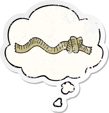 Düşünce baloncuklu çizgi film düğümlü halat. Bir insan tarafından çizilmiş yıpranmış bir çıkartma gibi.