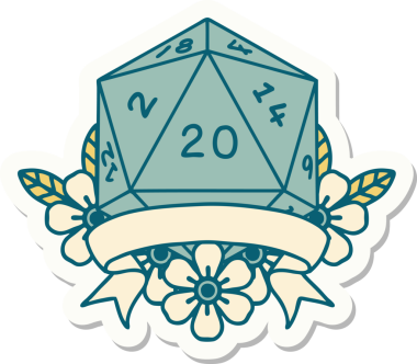 Bir insan tarafından çizilmiş 20 kritik vuruşluk D20 zar etiketi.