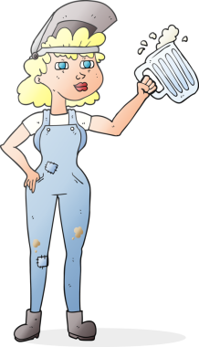 Bir insan tarafından çizilmiş birası olan çalışkan bir kadın çizimi.