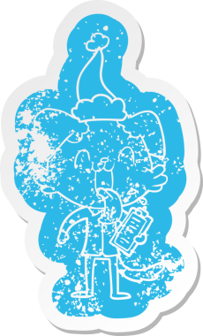 Bir insan tarafından çizilmiş Noel Baba şapkası giyen, nefes nefese kalmış bir köpeğin garip karikatürü.