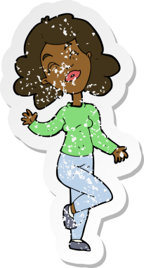 Bir insan tarafından çizilen mutlu kadın çizgi filminin kederli retro yapıştırması.