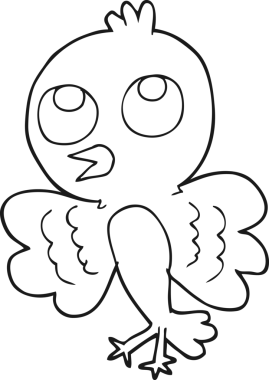 Bir insan tarafından çizilmiş siyah beyaz bir çizgi film kuşu.