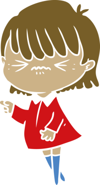 Sinirli düz renkli çizgi film kızı bir insan tarafından suçlanıyor.