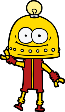 Bir insan tarafından çizilmiş ampullü mutlu karton robot.