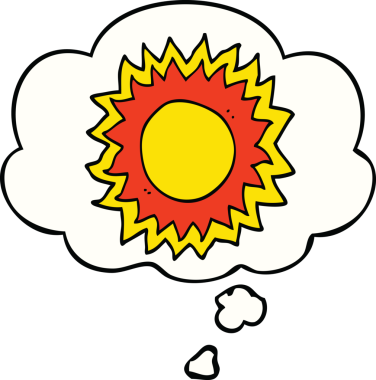 Bir insan tarafından çizilmiş düşünce baloncuklu çizgi film güneşi.