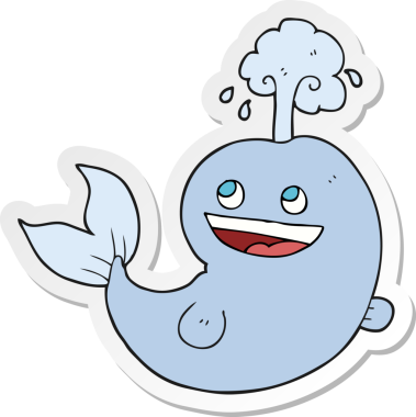 Bir insan tarafından çizilmiş su püskürten bir karikatür balinasının etiketi.