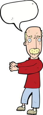 Bir insan tarafından çizilen konuşma baloncuğuyla açıklama yapan keltoş adam.