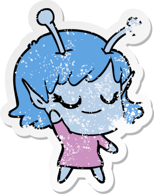 Bir insan tarafından çizilmiş gülümseyen uzaylı kız çizgi filminin sıkıntılı çıkartması.