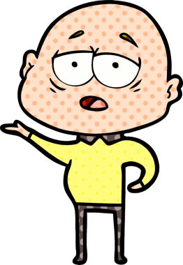 Bir insan tarafından çizilmiş yorgun, kel bir adam.