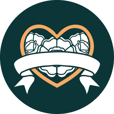 İkonik dövme stili bir kalp ve bir insan tarafından çizilmiş çiçekli pankart.