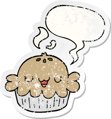 Konuşma baloncuğu olan şirin bir çizgi film pastası bir insan tarafından çizilmiş sıkıntılı eski bir çıkartma.