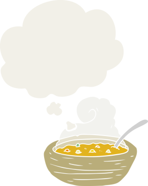 Düşünce baloncuklu sıcak çorba kasesi insan tarafından çizilmiş.