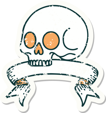 Bir insan tarafından çizilmiş kafatasının pankartıyla eski bir etiket.