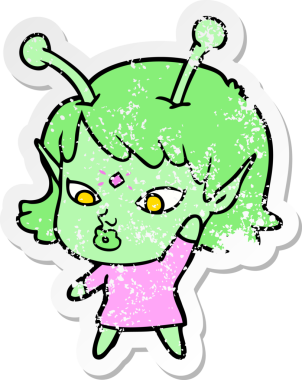 Bir insan tarafından çizilmiş güzel uzaylı bir kızın sıkıntılı çıkartması.