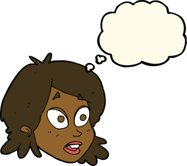 Bir insan tarafından çizilmiş düşünce baloncuğu ile şaşırmış kadın yüzü.