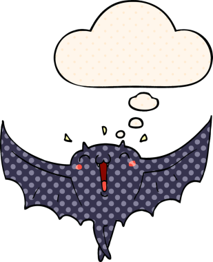 Çizgi roman tarzında bir insan tarafından çizilmiş düşünce balonu olan mutlu vampir yarasa çizgi filmi