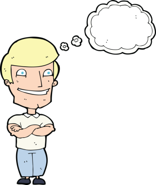 Bir insan tarafından çizilmiş düşünce baloncuğu ile sırıtan çizgi film adamı.