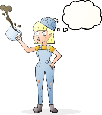 Bir insan tarafından çizilmiş kahve fincanı ile serbest çizilmiş düşünce balonu kadın çalışanı.