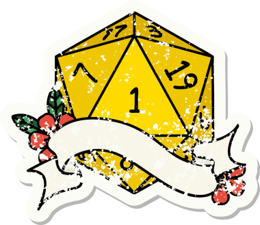 Bir insan tarafından çizilmiş doğal bir d20 zarının grunge çıkartması.