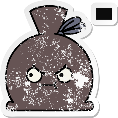 Bir insan tarafından çizilmiş şirin bir karikatür çuvalının sıkıntılı çıkartması.